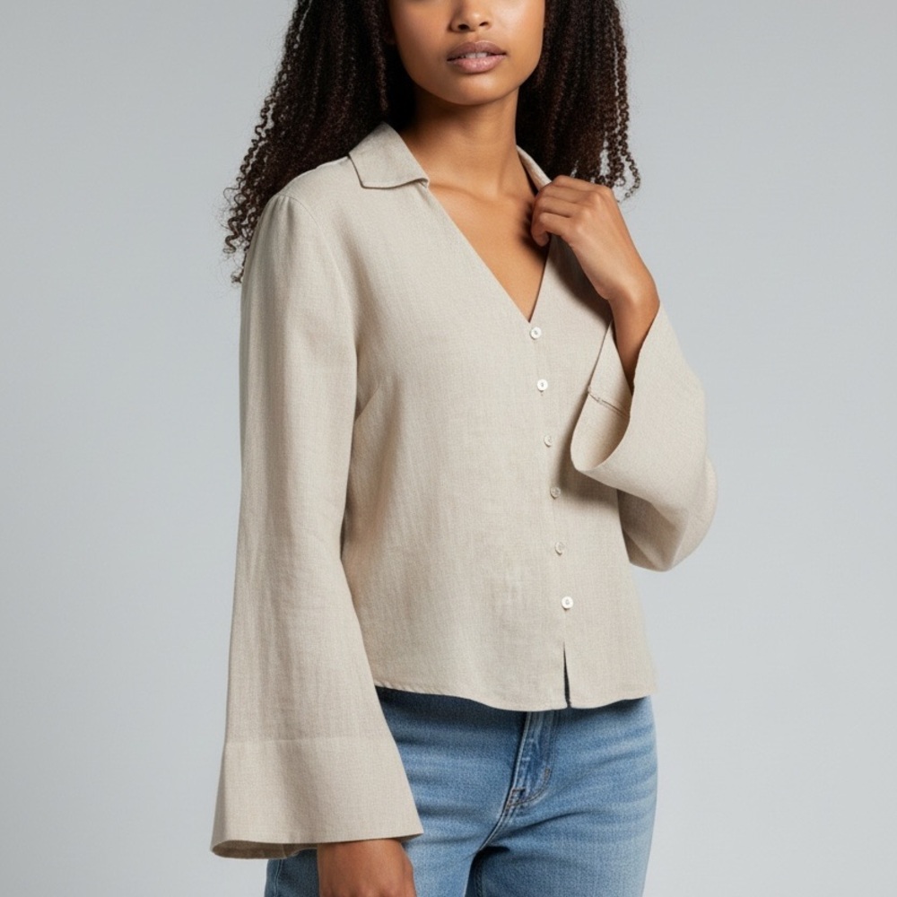 ZARA 100% linen top w/ flared sleeve & mother of pearl buttons in sand beige Med